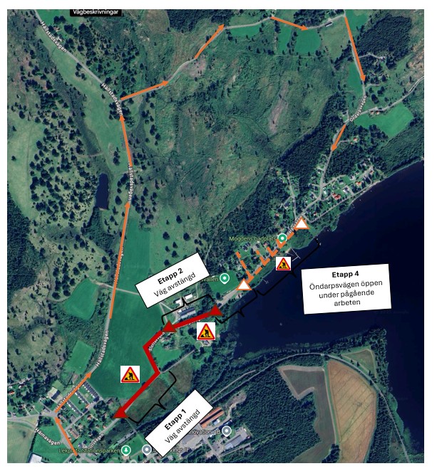 Omledning v25 2025-06-17 Karta över omledning av trafik till Mogden fritidshusområde vecka 23 till 27.