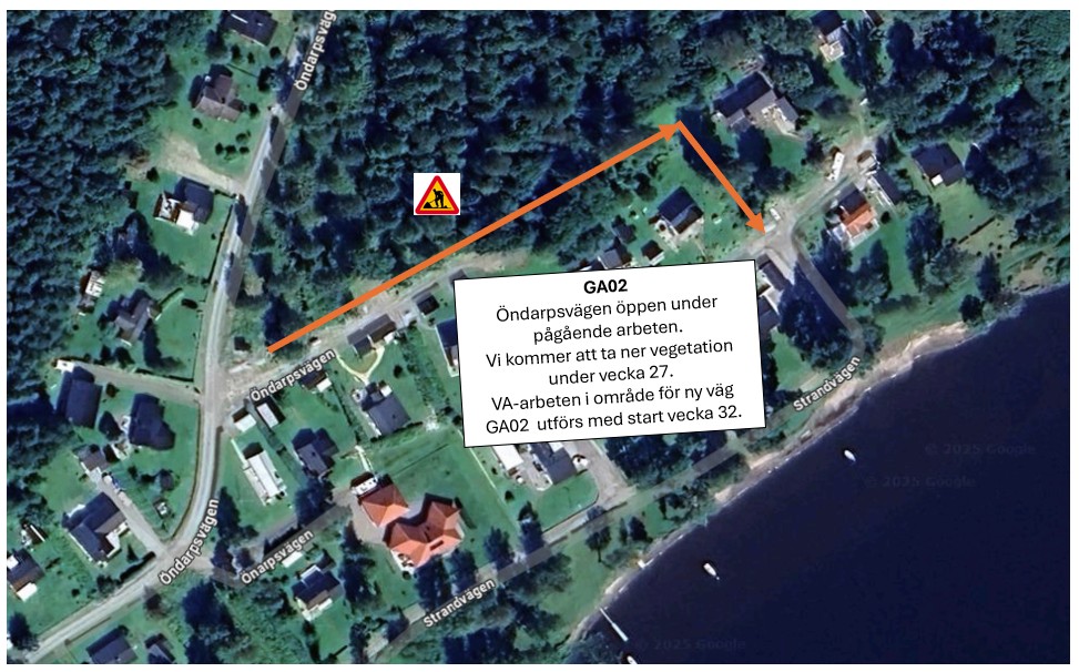 v.27 GA02 2025-06-27 Karta som visar trädfällning för GA02 under vecka 27 samt sträckan för vatten- och avloppsarbeten under vecka 32.