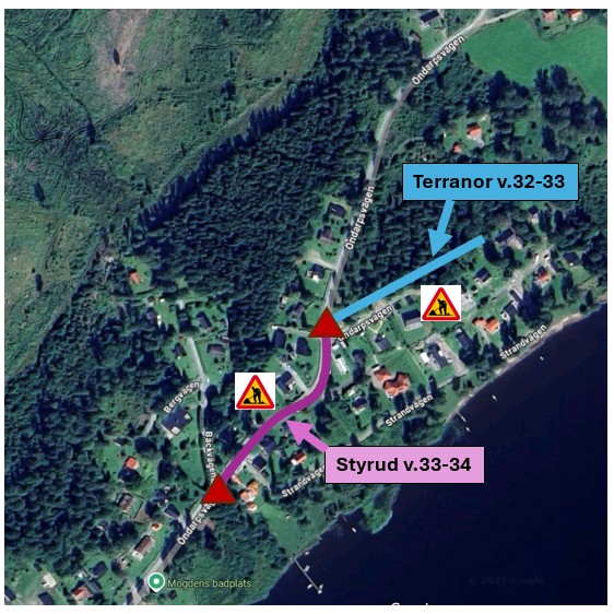 v.33-34 Öndarpsvägen 2025-08-11 Bild som visar vart ledningsarbeten sker under vecka 33 till 34