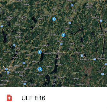 Karta med nålar som visar projektområde för fiber område ULF E16
